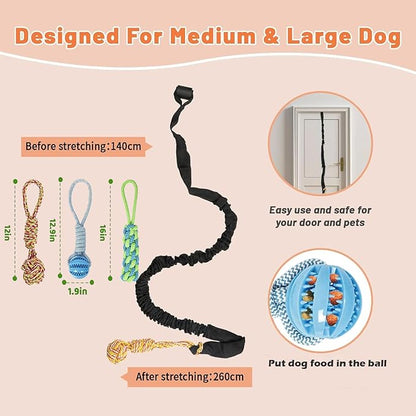 Dog Bungee Toy,Interactive Pull Toy for Self Play,Indoor Flirt Pole Hang Frame, Tether tug Outdoor Dog Toy for Yard Tree, with 3 Pieces Play Chew Rope Gift for Puppy Small Medium Dogs
