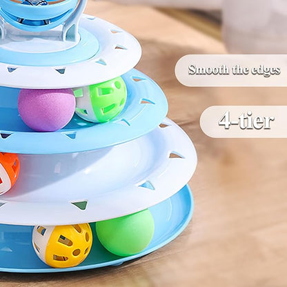 Vealind Cat Toy Roller 4-Level Turntable Cat Toys Balls with 14 Pcs Colorful Pom Pom Balls Interactive Fun Mental Physical Exercise Puzzle Kitten Toys (Blue)