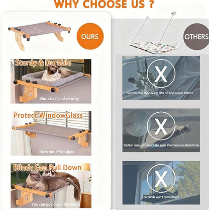 Cat Window Perch - Drill-Free Adjustable Sill Hammock, Sturdy Wood & Metal Frame, Washable Non-Slip Bed Cover, Easy Install for Indoor Cats & Multi-Cat Families (Grey,XL)