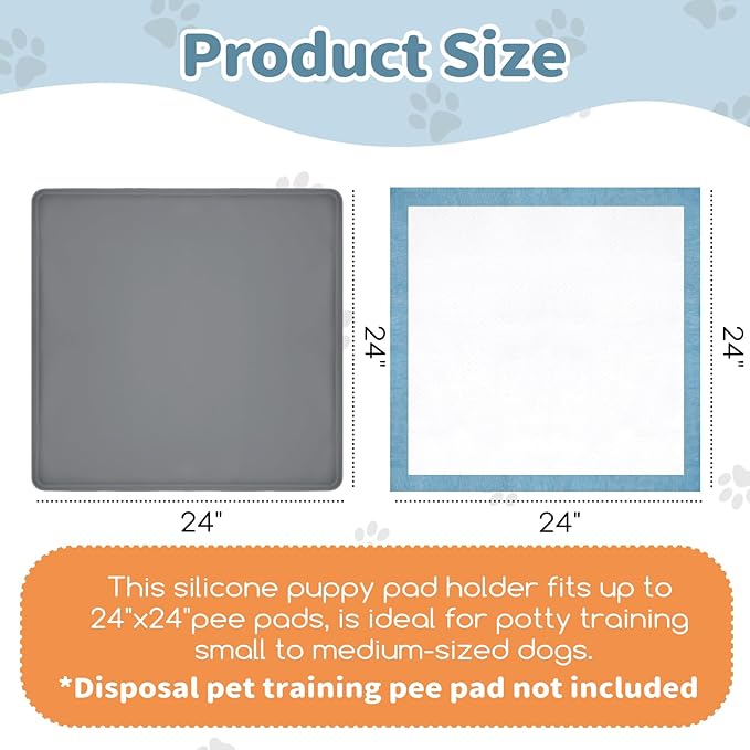 Pee Pad Holder for Dogs 24" x 24", Silicone Potty Tray with 4 Holder Clamps, High Edge No-Spill Dog Training Mat, Non-Slip Puppy Pad Tray Floor Protection for Indoor Use - Gray