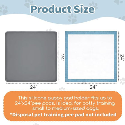 Pee Pad Holder for Dogs 24" x 24", Silicone Potty Tray with 4 Holder Clamps, High Edge No-Spill Dog Training Mat, Non-Slip Puppy Pad Tray Floor Protection for Indoor Use - Gray