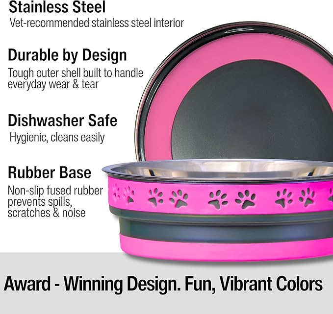 Loving Pets Corsa Dog Bowls- Stainless Steel Dog & Cat Bowls - Spill Proof Dog Food Bowl, Cat Bowl, Puppy Essentials & Pet Supplies Great for Home & Travel (Small 10-20 lbs, Fiery Pink)