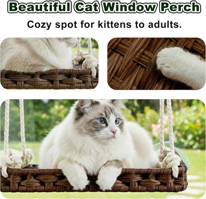 Puffluv Cat Window Perch,Large Handwoven Breathable Hammock Bed with 4 Heavy Duty Suction Cups,Removable Soft Washable Plush Cushion,Easy Install Natural Resting Spot for Indoor Cat&Kittens