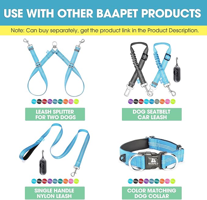 BAAPET Two Handle Dog Leash, Dual Soft Padded Handles with Traffic Control Handle Leash for Small Medium or Large Dogs (3/4'' x 5 FT, Blue)