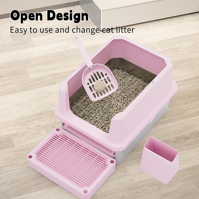 RIZZARI Cat Litter Box: Pink Stainless Steel Odor Control Pan - Easy Clean Non-Porous - 11.6" High Sides Anti-Scatter - Open Top for Fast Scooping - with Scoop - Apartment Bathroom/Laundry Room