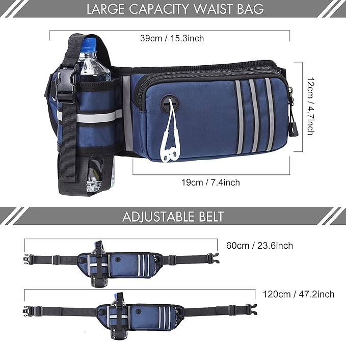 Hands Free Dog Leash with Waist Bag for Medium to Large Dogs, Dual-Handle Reflective Bungee Leash with Poop Bag Dispenser Pouch, Adjustable Waist Belt for Night Walking Jogging Hiking