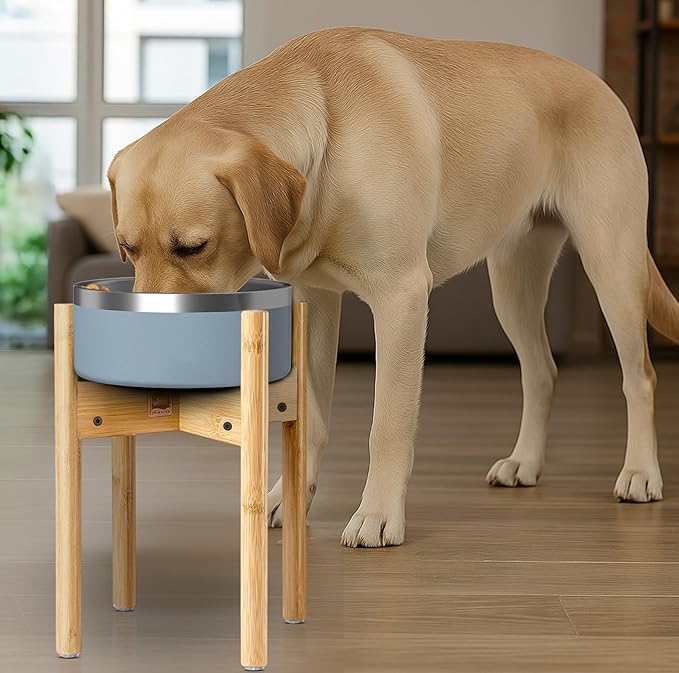 Dog Bowl Stand for Large Breed - Raise, Elevate Bowls to 14-inch High - Adjustable, Fits Any Single Pet Food/Water Feeders and Fountains - Durable Bamboo