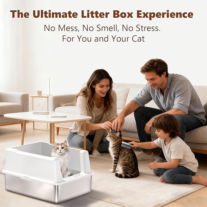 Extra Large Cat Litter Box for Multiple Cats, 28" L x 20" W Stainless Steel Metal Litter Box with High Side, Stop Scatter, Non-Stick, Easy to Clean, Anti-Leak Design, Odor-Resistant (White)