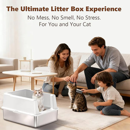 Extra Large Cat Litter Box for Multiple Cats, 28" L x 20" W Stainless Steel Metal Litter Box with High Side, Stop Scatter, Non-Stick, Easy to Clean, Anti-Leak Design, Odor-Resistant (White)