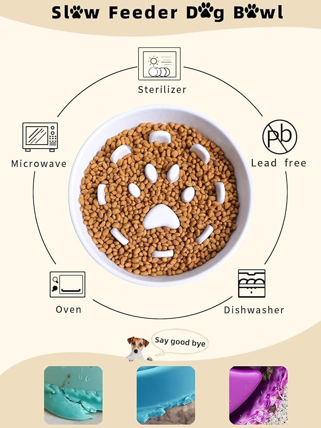 Dog Slow Feeder Bowl, Round Ceramic Pet Food Bowl for Medium Breed, Fun Raised Dog Bowls to Slow Down Eating (White)