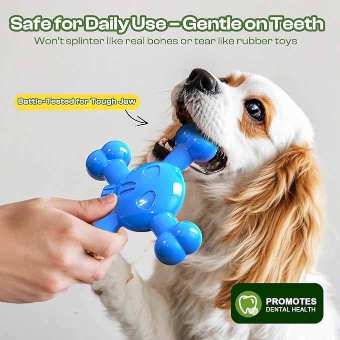 Dog Toys for Small Dogs, Skull-Shaped Small Dog Toys for Puppies, Durable Natural Rubber Puppy Chew Toys with Bacon&Milk Flavor, Indestructible Dog Toy, Blue