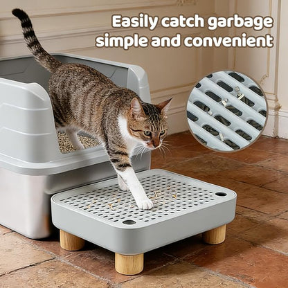 Cat Litter Box Step for Automatic/Self-Cleaning Litter Boxes - Anti-Tracking Catcher Ramp with Filter, Non-Slip Wooden Base, Easy Clean for Kittens & Elderly Cats