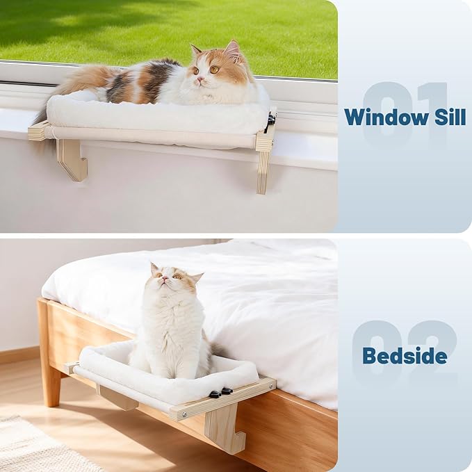 Cat Sill Window Perch - 100% Natural Pine Frame, Soft Rabbit Fur Cushion, Tool-Free Adjustment, Supports 40 lbs (Medium-White)