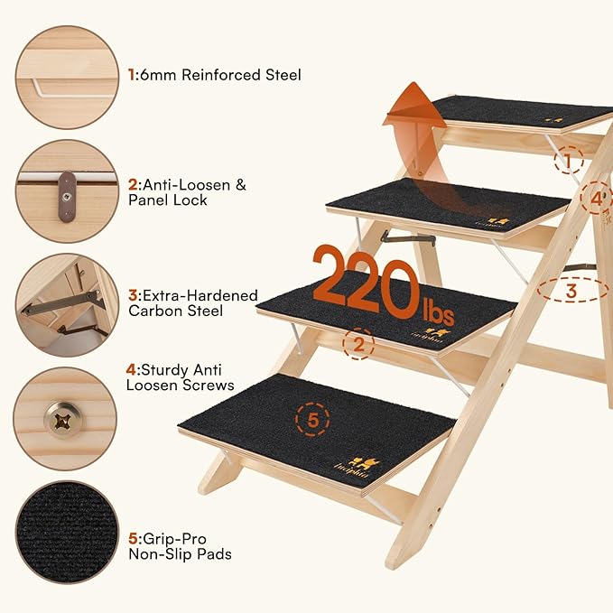 Luciphia Wooden Dog Stairs for Small Dogs 2-in-1 Foldable Dog Steps for Beds Cars Couch Anti-Slip Pet Ramp with 4 Steps Indoor Pet Stairs for Medium Large Older Pets Cats up to 220lbs
