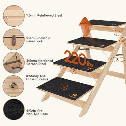 Luciphia Wooden Dog Stairs for Small Dogs 2-in-1 Foldable Dog Steps for Beds Cars Couch Anti-Slip Pet Ramp with 4 Steps Indoor Pet Stairs for Medium Large Older Pets Cats up to 220lbs