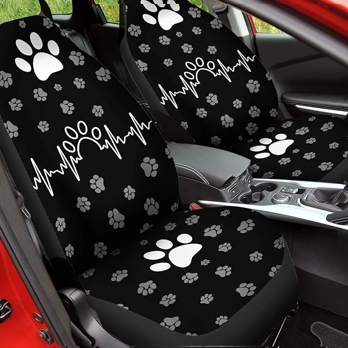 White Paw Waveform Printed Auto Front Seats Protector, Waterproof Car Seat, Vehicle Seat Protectors Fit Trucks SUV Van Car Decor
