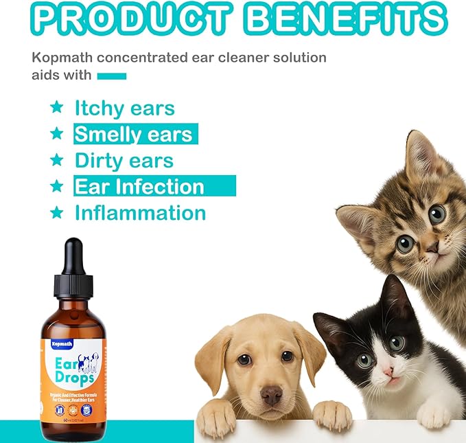 Dog Ear Drops, Dog Ear Cleaner Drops, Ear Infection Treatment for Dogs and Cats, Natural Herbal Ear Cleaning Solution for Dirty,Itchy,Smelly,Inflammed Pet Ears, 2 oz with Dropper