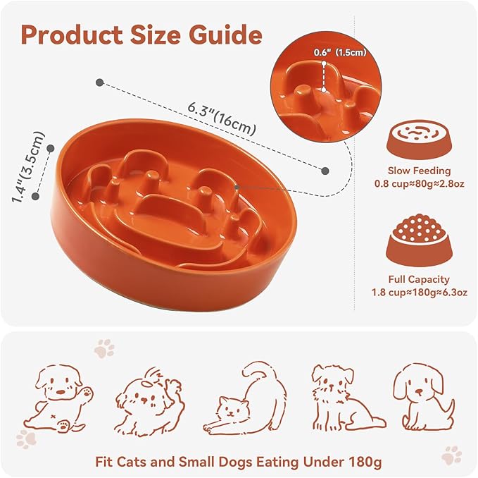 Ceramic Slow Feeder Dog Bowl - Feeding Dish for Fast Eaters - Maze Dog Bowl to Slow Down Eating - Ideal Food Control Dish for Small Breeds - 0.8 Cups (80g) - 6.3 Inch - Orange