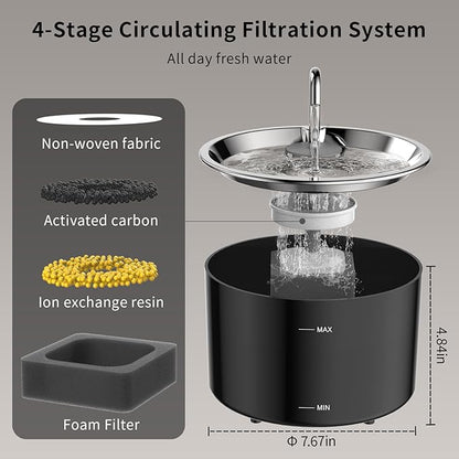 Cat Water Fountain Stainless Steel Lid, Corded 3L/101oz Pet Water Fountain, Dog Waterer with Quiet Pump and 4-Layer Filtration for Cats and Dogs