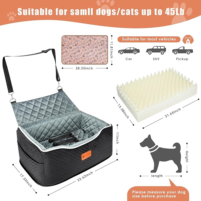 AlfaTok Memory Foam Booster Dog Car Seat for Medium Dogs (Under 45LBS): Elevated, Detachable Washable, Anti-Slip, for Car Back Seat, Travel Pet Bed with Seat Belt