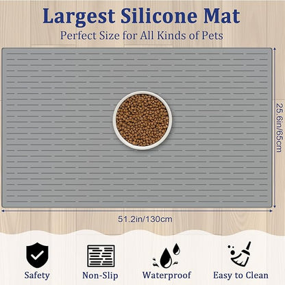 XXXXL Largest Pet Food Mat, 51.2"x25.6"(130cmx65cm) Silicone Dog Mats for Food and Water, Nonslip Pet Feeding Mats for Floors,Dog Cat Bowl Mat with Raised Edges, Dark Gray