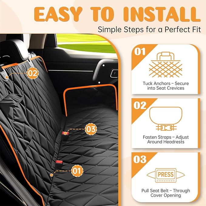Dog Car Seat Cover for Back Seat 100% Waterproof, Long-Lasting and Soft Nonslip Backseat Cover for Cars, SUVs and Trucks, 600D Oxford Fabric, Black-Orange, Standard (54" W x 59" L)