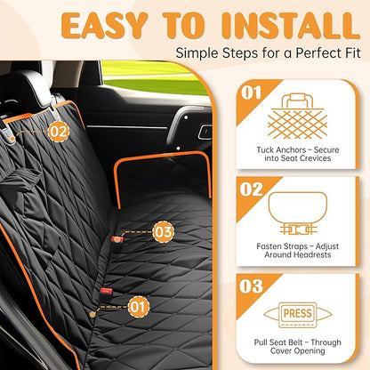 Dog Car Seat Cover for Back Seat 100% Waterproof, Long-Lasting and Soft Nonslip Backseat Cover for Cars, SUVs and Trucks, 600D Oxford Fabric, Black-Orange, Standard (54" W x 59" L)