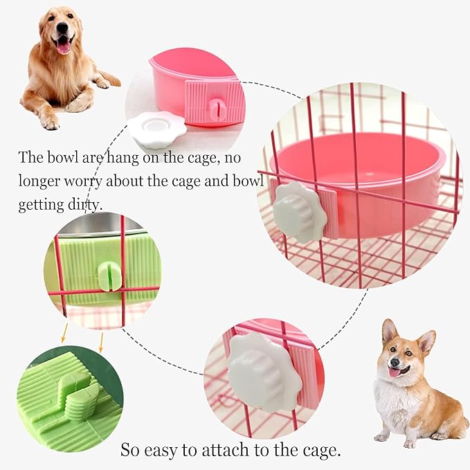 kathson Crate Dog Bowl, Removable Stainless Steel Hanging Pet Cage Bowl Food & Water Feeder Coop Cup for Cat, Puppy, Birds, Rats, Guinea Pigs (6 PCS, Size: M, 2×Blue,2×Green,2×Pink)