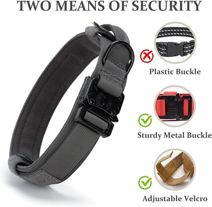 Tactical Dog Collar, Adjustable Military Training Nylon Dog Collar with Control Handle and Heavy Quick-Release Metal Buckle for Small Medium Large Dogs, Grey XL