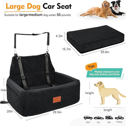 NEEZUKAR Dog Car Seat for Large Medium Dogs,Portable Washable Pet Car Seat Under 55 lbs,Dog Booster Seat with Thick Cushion,2 Safety Leashes Travel Car Dog Bed