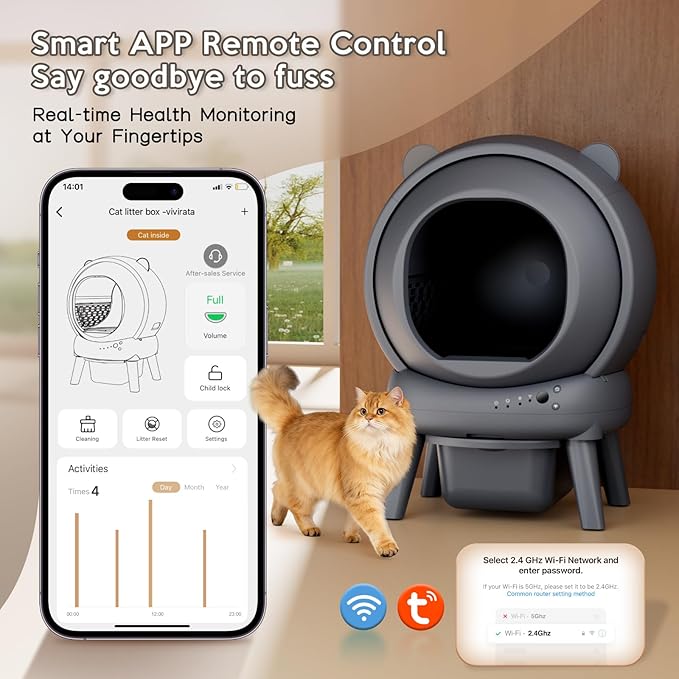 Automatic Litter Box, Self Cleaning Litter Box with App Control, Large Capacity for Multiple Cats, Noise & Odor Control, Dual Safety Sensors, Easy Maintenance with 2 Roll Garbage Bags, Gray