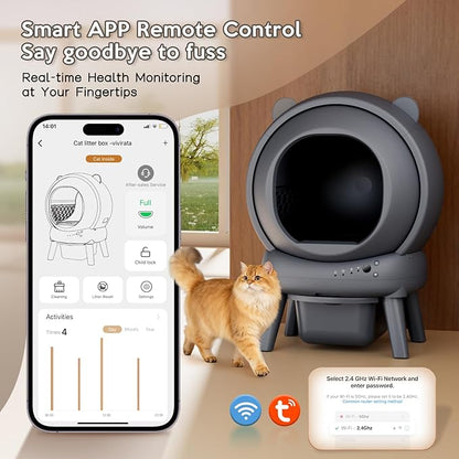 Automatic Litter Box, Self Cleaning Litter Box with App Control, Large Capacity for Multiple Cats, Noise & Odor Control, Dual Safety Sensors, Easy Maintenance with 2 Roll Garbage Bags, Gray