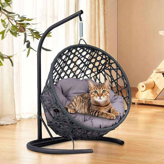 Cat Swing Bed with Stand & Cushion Indoor Outdoor, Egg Chair with Rattan Wicker Appearance, Indoor Hanging Swinging Hammocks for Cat, Dogs, and Small Animals Bedroom Porch (Gray-1)