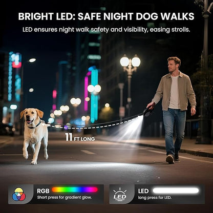 Retractable Dog Leash, 11ft Tangle-Free Reflective Nylon Tape with Anti-Slip Handle & USB Rechargeable Flashlight for Night Walks, Suitable for Small to Medium Dogs Up to 30 Lbs (Black)