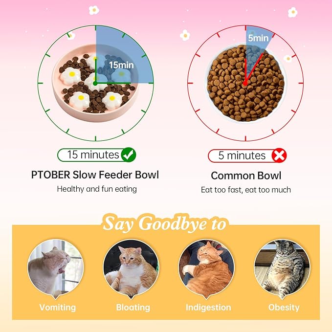 Ceramic Cat Slow Feeder Bowl - 6 OZ Puzzle Food Dish for Healthy Eating - Shallow Wide Whisker Friendly - Dishwasher Safe - 6.3''W x 1.2''H - 6 OZ - White Flowers