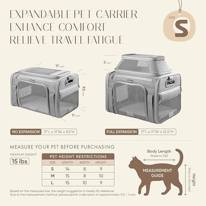 Top-Expandable Pet Carrier with Treat & Pet Window,17x11x9.5 Inch Alaska Hawaiian Airline Approved,Soft-Sided Dog Carrier for Small Dogs and Cats,Travel Cat Carrier with Locking Safety Zippers,Grey