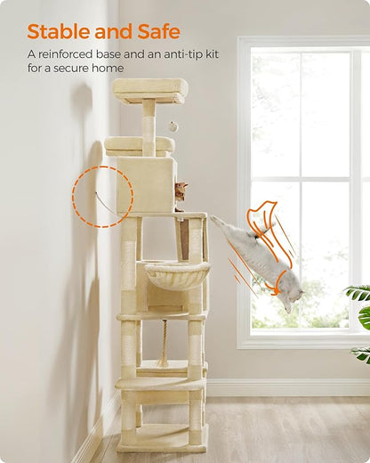 Feandrea Cat Tree, 81.1-Inch Large Cat Tower, Multi-Level Plush Condo with 13 Scratching Posts, 2 Perches, 2 Caves, Basket, Hammock, Pompoms, Beige UPCT190M01