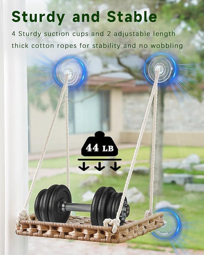 Cat Window Perch 2 Pack,Cat Window Hammock Bed for Indoor Cats,Large Handwoven PE Rattan Window Seat,4 Suction Cups,Double Sided Washable Cushion Bed,2.3 Inch Fence Shelf, Pet Kittens Natural