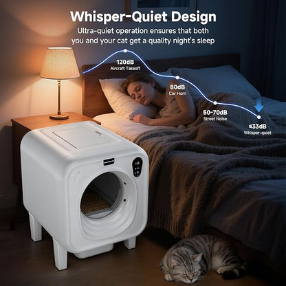 Self Cleaning Litter Box, Extra Large Automatic Cat Litter Box Self Cleaning for Multiple Cats, App Control, Safety Protection, Ultra-Quiet,Includes Trash Bags,White