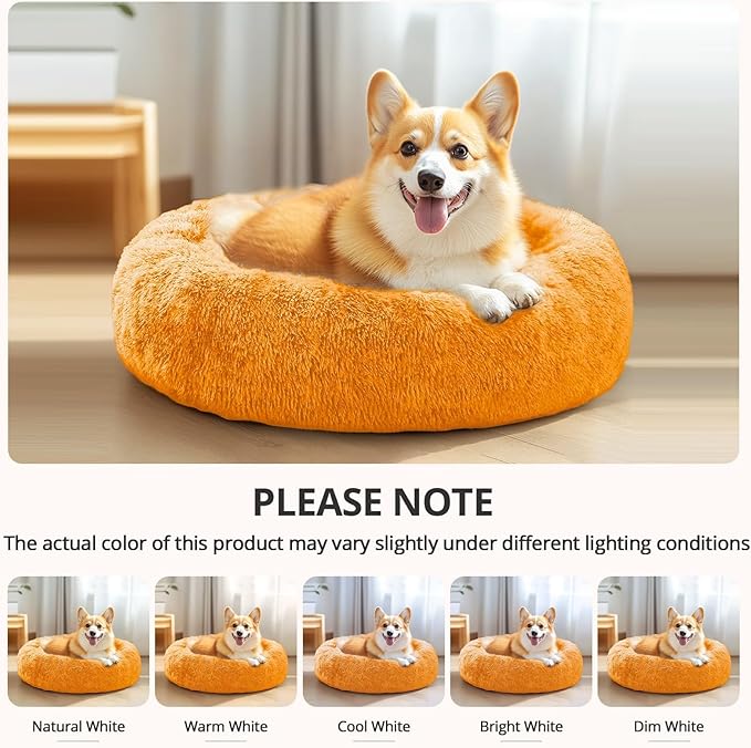JOLLYVOGUE Calming Dog Beds Large Sized Dog, 36in Donut Washable Large Pet Bed, Anti-Slip & Anti-Anxiety Fluffy Faux Fur Round Dogs Bed, Fits up to 80 lbs Pets (Orange)