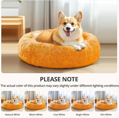 JOLLYVOGUE Calming Dog Beds Large Sized Dog, 36in Donut Washable Large Pet Bed, Anti-Slip & Anti-Anxiety Fluffy Faux Fur Round Dogs Bed, Fits up to 80 lbs Pets (Orange)