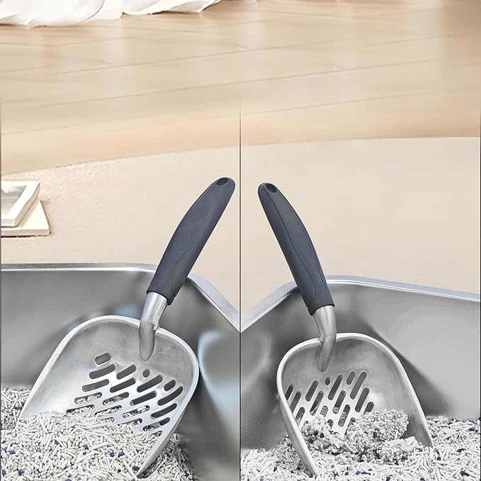 Cat Litter Scoop, Aluminum Alloy Sifter, Durable Metal Poop Scooper with Deep Shovel and Diagonal Holes, Long Ergonomic Handle, Black Handle for Easy Cleaning