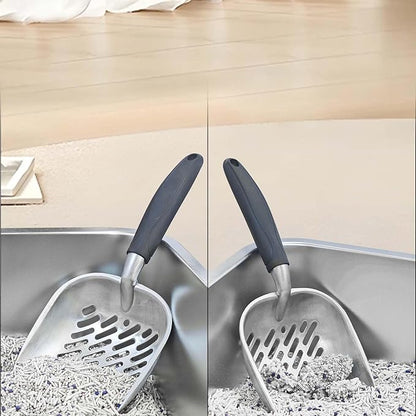 Cat Litter Scoop, Aluminum Alloy Sifter, Durable Metal Poop Scooper with Deep Shovel and Diagonal Holes, Long Ergonomic Handle, Black Handle for Easy Cleaning