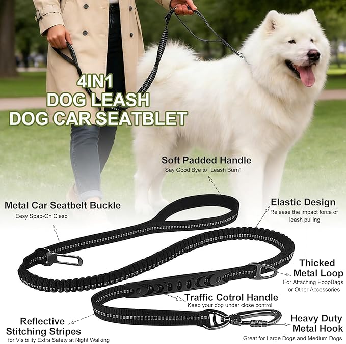 Dog Leash Heavy Duty - 4-6FT Long Leash Strong Shock Tactical Tug Leashes, Dog Seat Belt for Car with 2 Padded Handles, Reflective Rope Lead for Medium L X-Large Dogs Walking Running Training (Black)