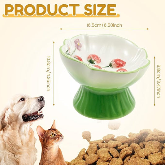 Ceramic Raised Slow Feeder Cat Bowl, Ceramic Elevated Small Cat Food Bowl, 15°Titled Food Bowls Small Dogs Slow Feeder, Strawberry Shaped Cute Pet Dish for Dry and Wet Foods(Green)