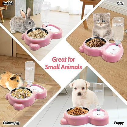 Rabbit Double Bowls Bunny Automatic Water Dispenser Detachable Stainless Steel Bowl No-Spill Water Bottle Food Feeder for Small Animals Bunny Squirrel Cat Puppy Chinchilla