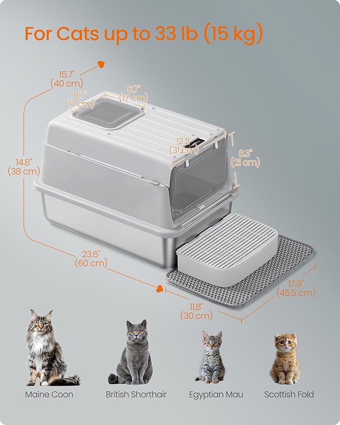 Feandrea Stainless Steel Cat Litter Box with Flip Lid, Litter Catcher Mat and Box, 2 Doors, Scoop, for Cats up to 33 lb, Light Gray UPPT007GD01