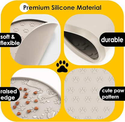 Pet Feeding Mats for Food and Water, Waterproof Anti-Slip Placemats for Dog Cat Bowl, 2 Pack Silicone Pet Food Mat, Dishwasher Safe 10.9 × 10.9 (2 Beige, Small Paws)
