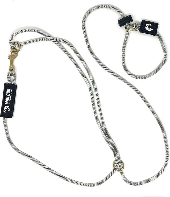 Mad Dog Products Hands Free Slip Dog Leash ¼” x 10’ Silver Signature Rope – Made in USA