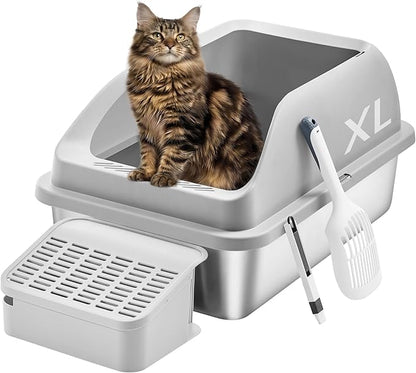 Feandrea Stainless Steel Cat Litter Box with Open Top, High Sided Litter Tray with Step, Scoop, Brush, for Cats up to 33 lb, Light Gray UPPT008GD01